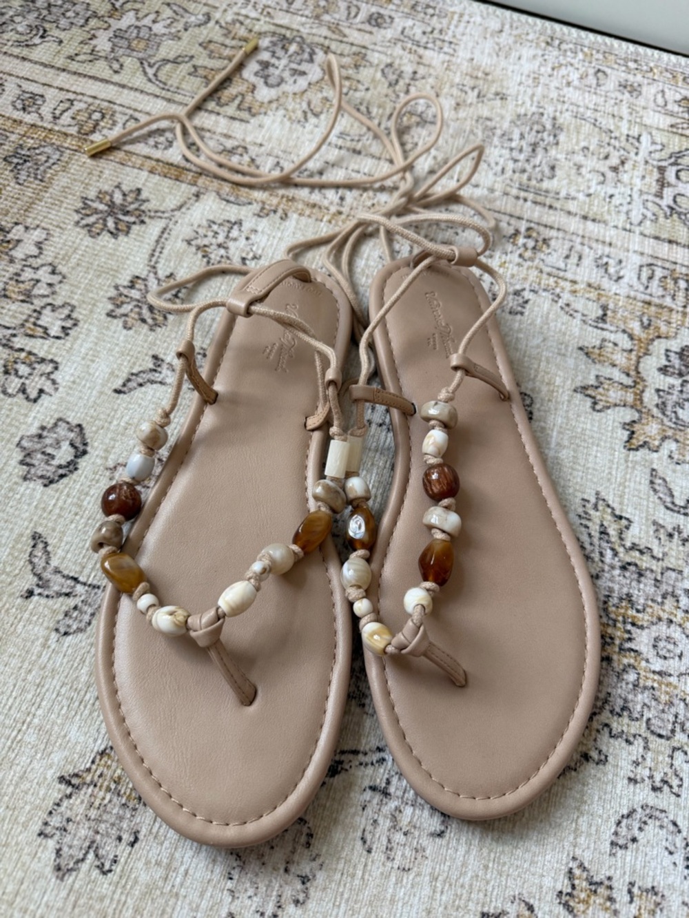 Universal Thread Beaded Lace-Up Sandal in Nude/Tan